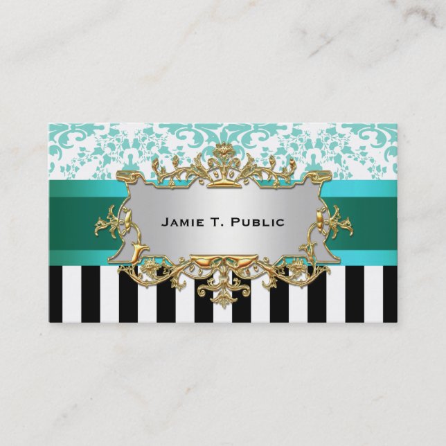 Tarjeta De Visita Damask, cinta de Aqua de banda blanca negra, etiqu (Anverso)