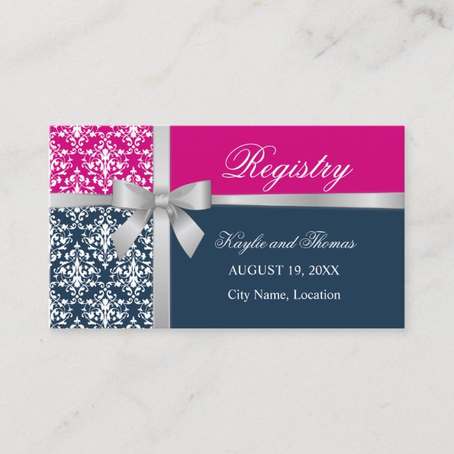 Tarjeta De Visita Damask Faux Sliver Ribbon Marina Fuchsia Azul Inse (Anverso)