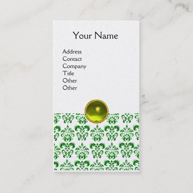 Tarjeta De Visita DAMASK GREEN MONOGRAM Gem platino amarillo (Anverso)
