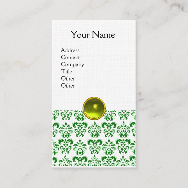 Tarjeta De Visita DAMASK GREEN MONOGRAM gema lino amarillo (Anverso)