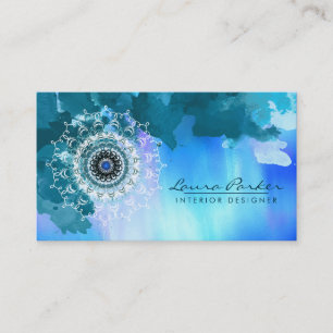 Tarjeta De Visita Damask Mandala Sea Abstract Watercolor Azul