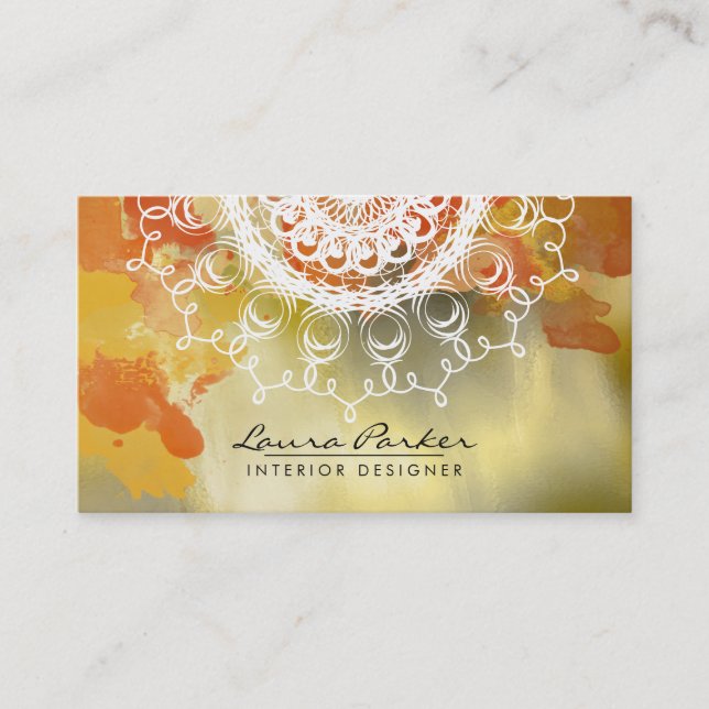 Tarjeta De Visita Damask Mandala Watercolor Gold Elegant (Anverso)
