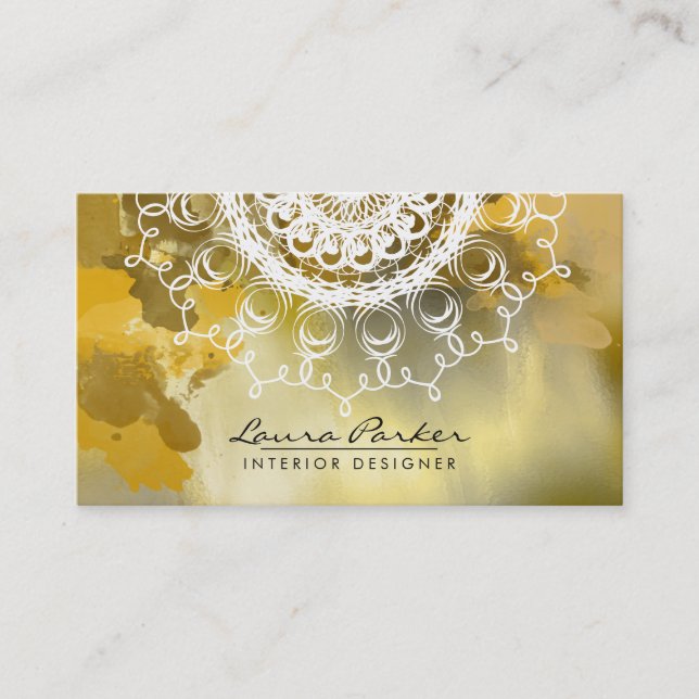 Tarjeta De Visita Damask Mandala Watercolor Gold Elegant (Anverso)