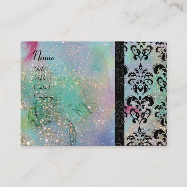 Tarjeta De Visita DAMASK MONOGRAM AZUL DE ORO, fucsia verde (Anverso)