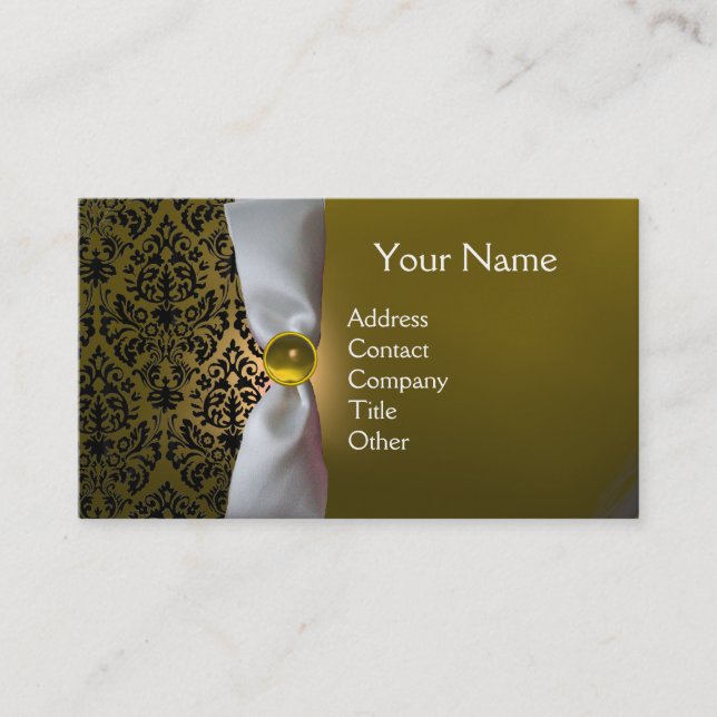 Tarjeta De Visita DAMASK MONOGRAM cinta blanca amarillo negro (Anverso)