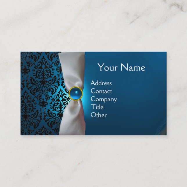 Tarjeta De Visita DAMASK MONOGRAM cinta blanca azul negro (Anverso)