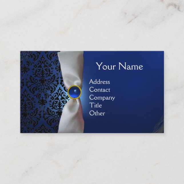 Tarjeta De Visita DAMASK MONOGRAM cinta blanca azul oscuro (Anverso)