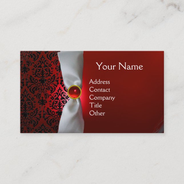 Tarjeta De Visita DAMASK MONOGRAM cinta blanca rojo negro (Anverso)
