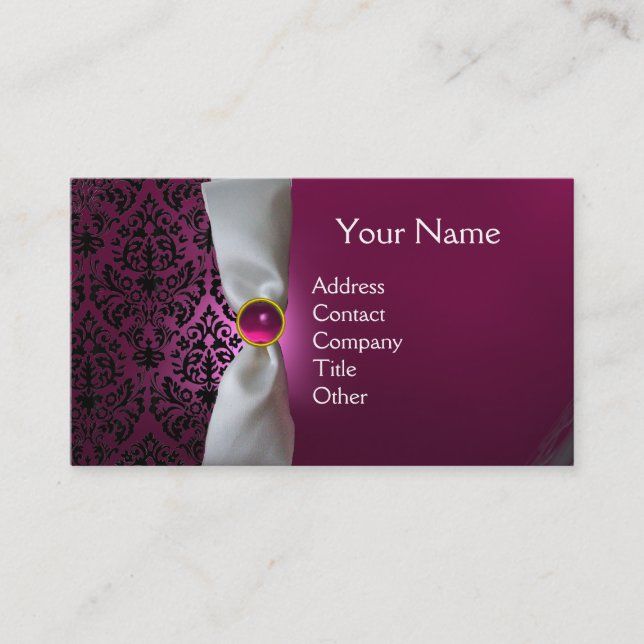 Tarjeta De Visita DAMASK MONOGRAM cinta blanca rosa negro (Anverso)
