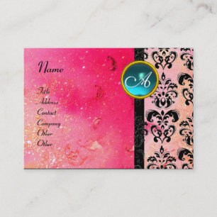 Tarjeta De Visita DAMASK MONOGRAM DE ROPA DE ORO, azul de fucsia