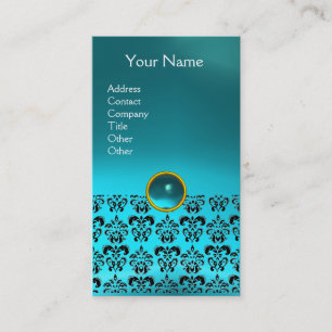 Tarjeta De Visita DAMASK MONOGRAM gema azul aguamarina