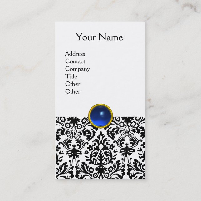 Tarjeta De Visita DAMASK MONOGRAM gema azul blanco (Anverso)