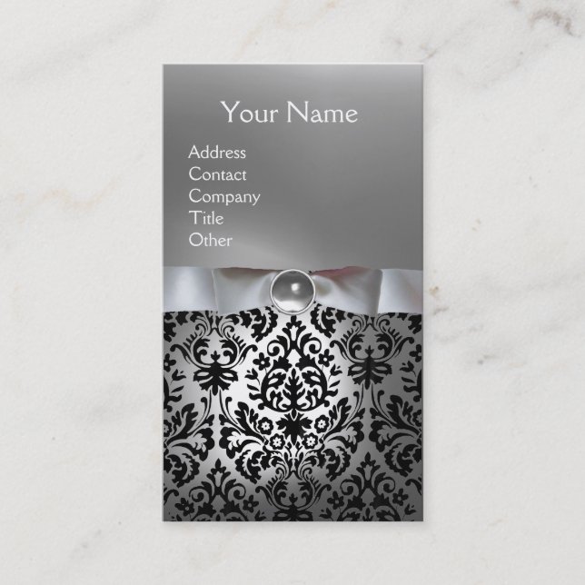 Tarjeta De Visita DAMASK MONOGRAM gema cinta blanca negro (Anverso)