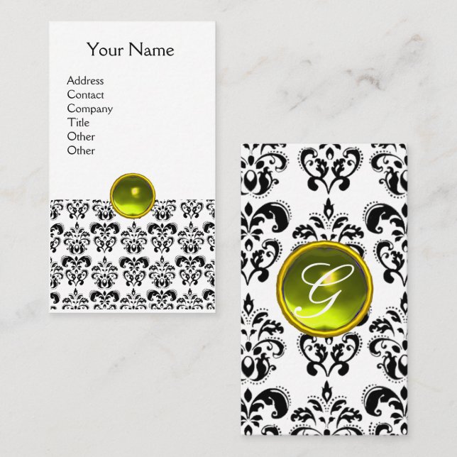Tarjeta De Visita DAMASK MONOGRAM gema de huevo amarillo (Anverso / Reverso)