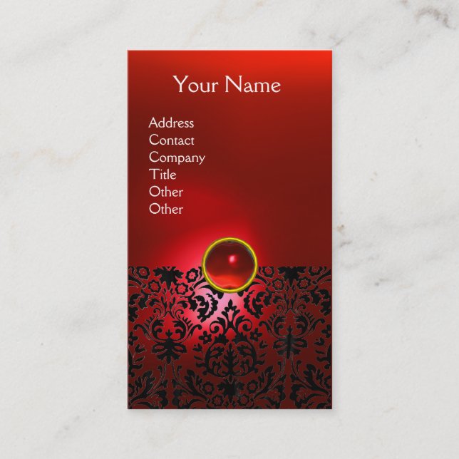Tarjeta De Visita DAMASK MONOGRAM gema rojo rubí luz blanca (Anverso)