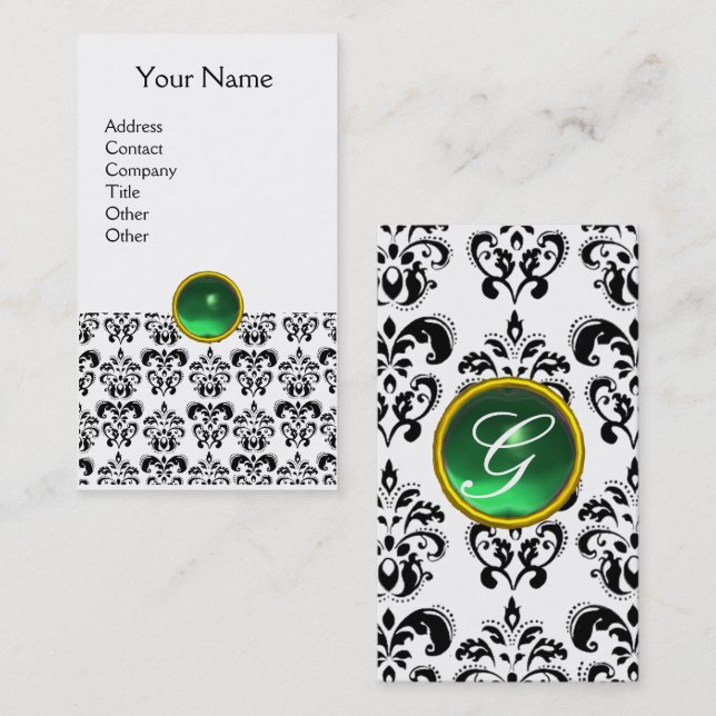 Tarjeta De Visita DAMASK MONOGRAM gema verde huevo (Anverso / Reverso)
