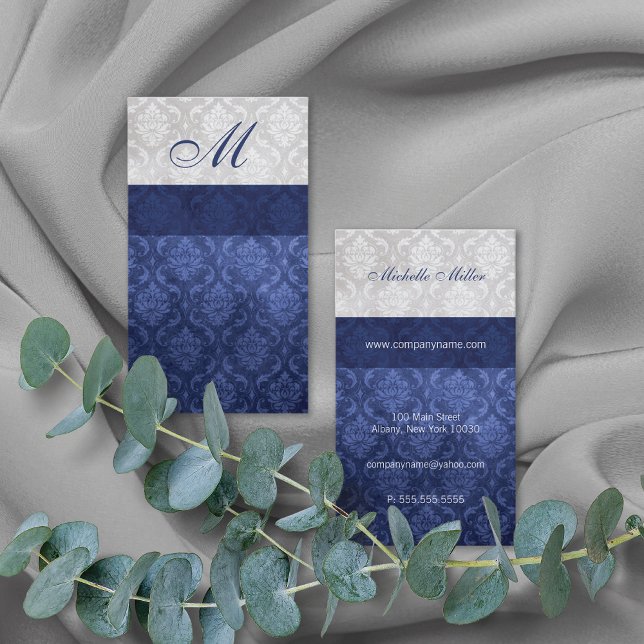 Tarjeta De Visita Damask Monograma Azul Gris (Subido por el creador)