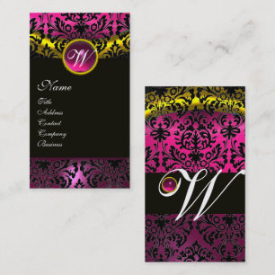 Tarjeta De Visita DAMASK NEGRO PINO AMETHYST MONOGRAM Fuchsia Gold
