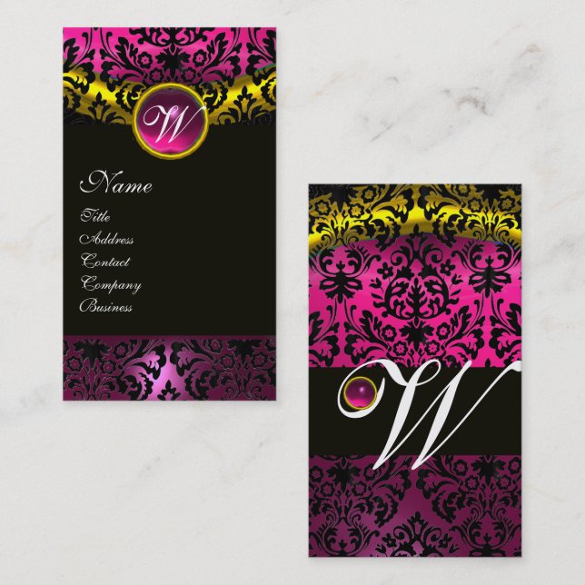 Tarjeta De Visita DAMASK NEGRO PINO AMETHYST MONOGRAM Fuchsia Gold (Anverso / Reverso)
