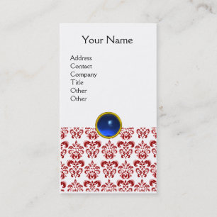 Tarjeta De Visita DAMASK RED MONOGRAM gema azul blanco