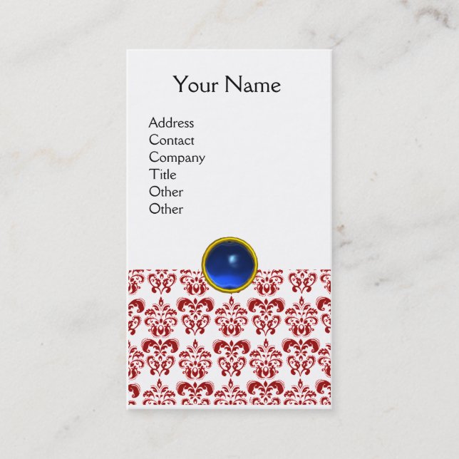 Tarjeta De Visita DAMASK RED MONOGRAM gema azul blanco (Anverso)