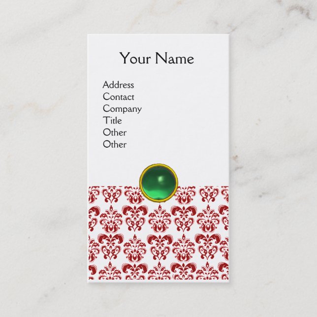 Tarjeta De Visita DAMASK RED MONOGRAM gema verde blanco (Anverso)