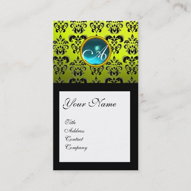 Tarjeta De Visita DAMASK SQUARE MONOGRAM, amarillo azul acuamarino (Anverso)