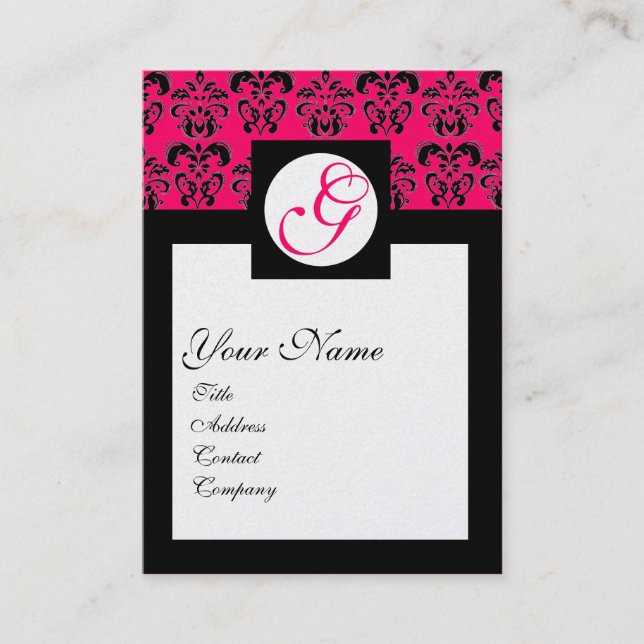 Tarjeta De Visita DAMASK SQUARE MONOGRAM Pink caliente Fuchsia Pearl (Anverso)
