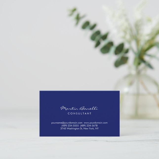 Tarjeta De Visita Dark Blue White Minimalist Script Plain Simple (Anverso de pie)