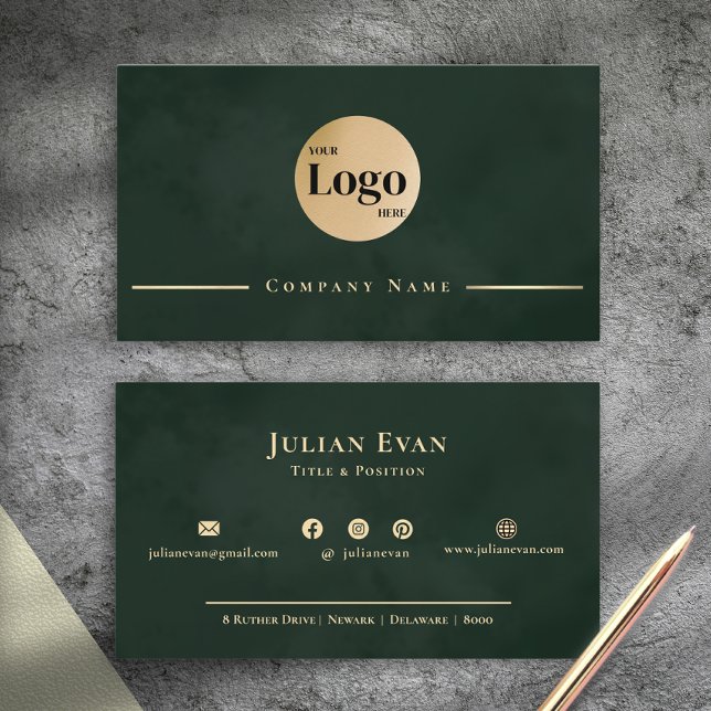 Tarjeta De Visita Dark Emerald Green Gold Professional Company Logo (Dark Emerald Green Gold Professional Company Logo Business Card)
