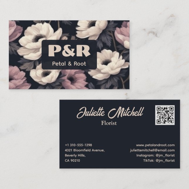 Tarjeta De Visita Dark Floral Anemone Florist Business Card (Anverso / Reverso)