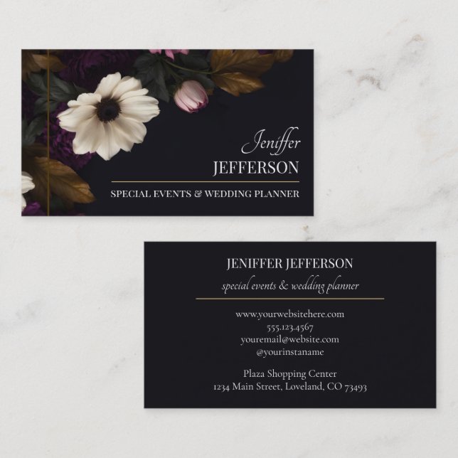 Tarjeta De Visita Dark Floral event wedding planner (Anverso / Reverso)