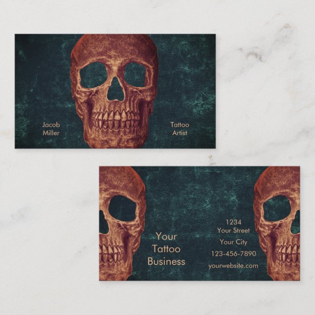 Tarjeta De Visita Dark Gothic Brown Skull Verde azulado Textura Tatt (Anverso / Reverso)