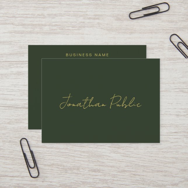 Tarjeta De Visita Dark Green Stylish Hand Script Gold Text Template (Anverso/Reverso In Situ)