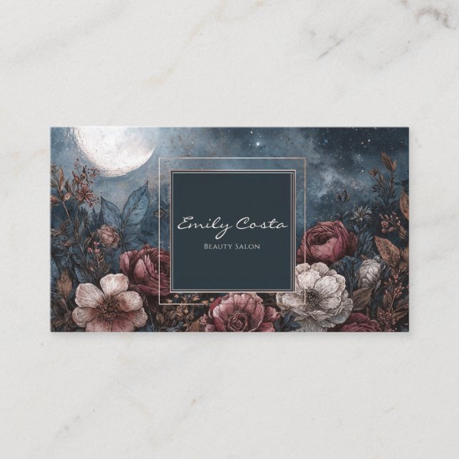 Tarjeta De Visita Dark Moody Floral Starry Night Full Moon (Anverso)