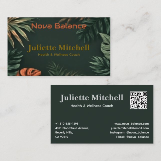 Tarjeta De Visita Dark Teal Tropical Elegant Wellness Business Card (Anverso / Reverso)