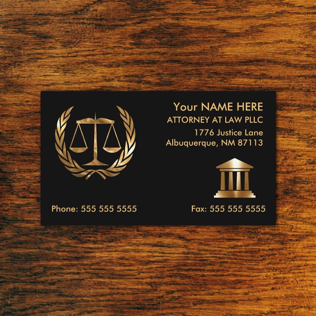 Tarjeta de visita de abogado en negro y dorado (ATTORNEY BUSINESS CARDS)