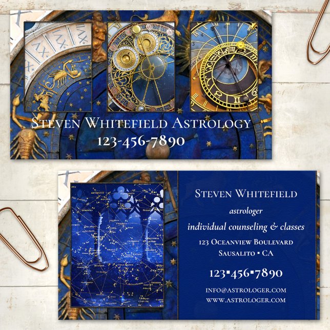Tarjeta de visita de Astrologer profesional para f (Astrology business card featuring your photos framed by an astrological clock)
