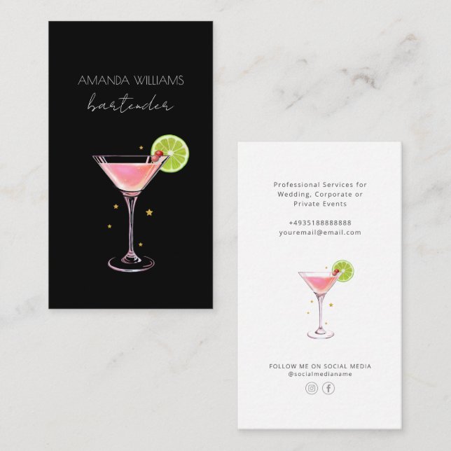 Tarjeta de visita de Bartender Profesional Cocktai (Anverso / Reverso)