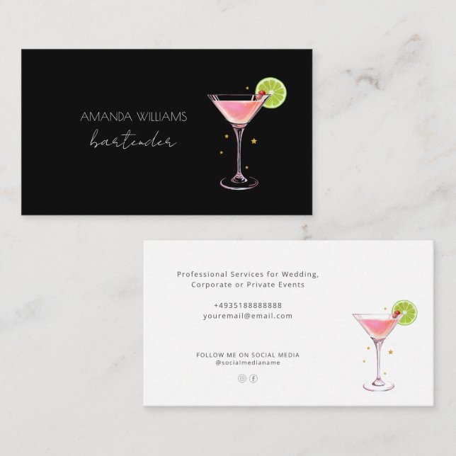 Tarjeta de visita de Bartender Profesional Cocktai (Anverso / Reverso)