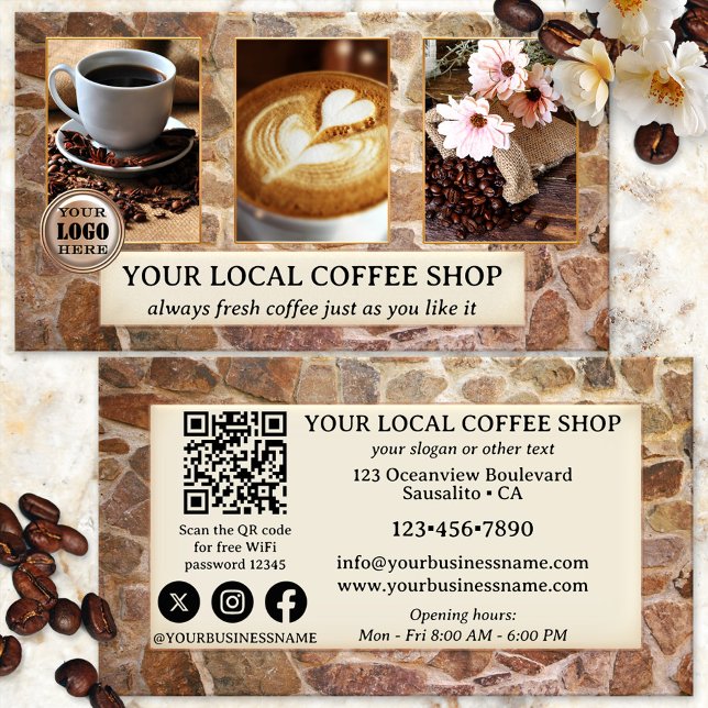 Tarjeta de visita de código QR de foto para cafete (Business card for coffee shop owners, featuring your own photos on an industrial stone wall design)