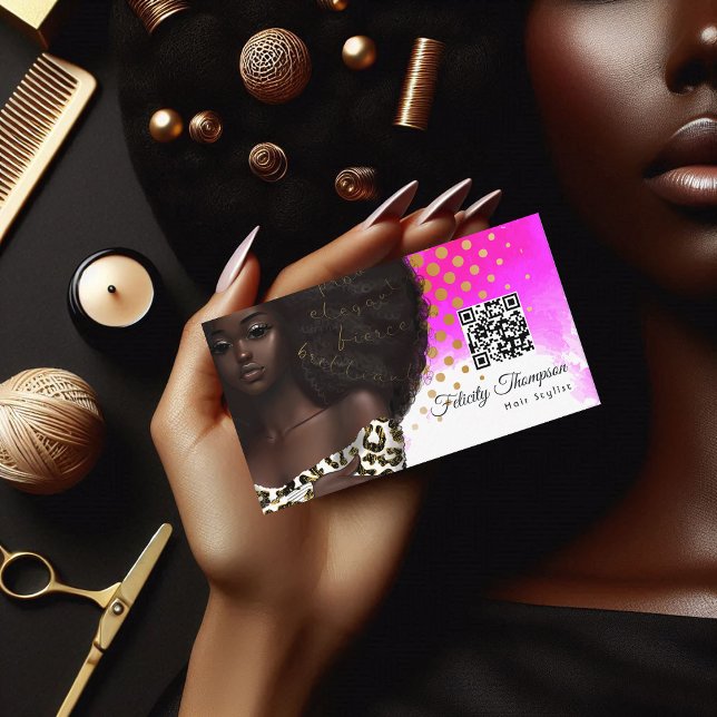 Tarjeta de visita de código QR para la peluquería  (African American Hairdresser QR Code Business Card)