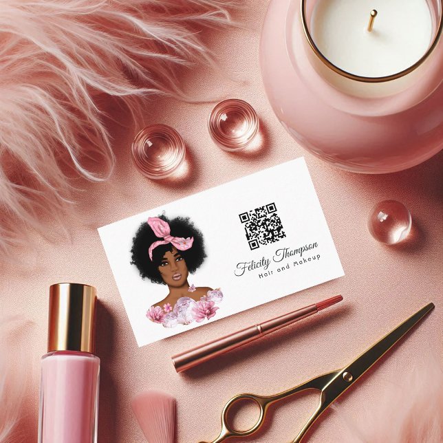 Tarjeta de visita de código QR para la peluquería  (African American Hairdresser QR Code Business Card)