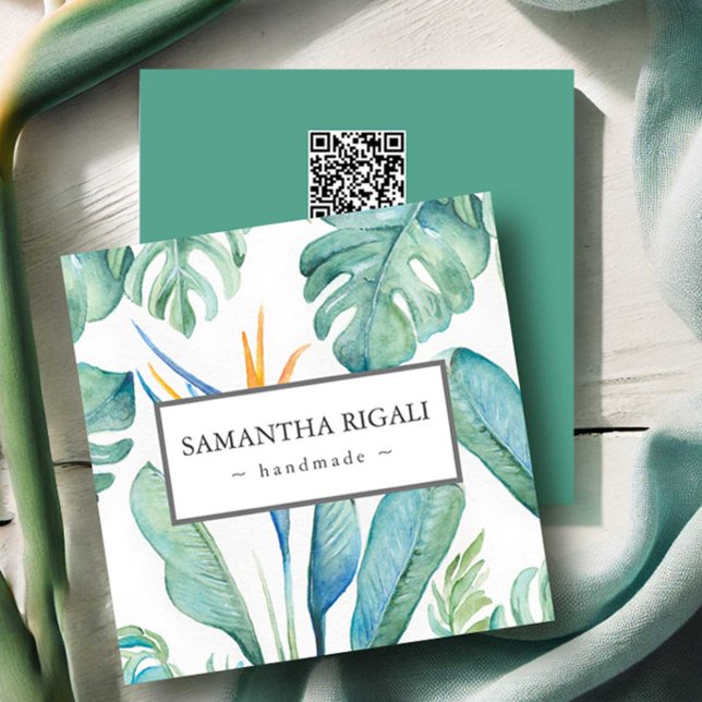 Tarjeta de visita de código QR tropical - Flor tro (Business cards tropical floral and monstera palm leaf watercolor art by Victoria Grigaliunas)