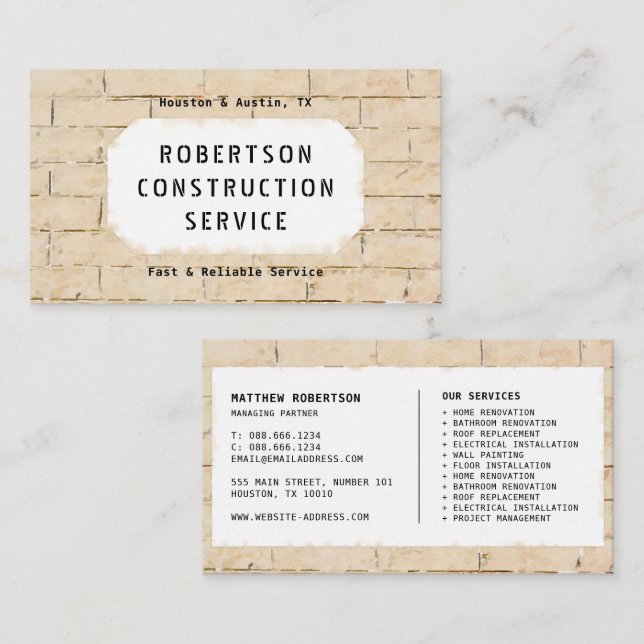 Tarjeta de visita de construcción - Muro de ladril (Anverso / Reverso)