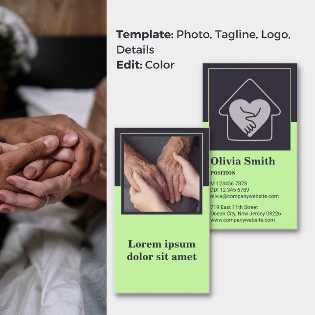 Tarjeta de visita de cuidado compasivo Green Home  (Compassionate Care Green Home Care Business Card, Tagline, Photo, Logo)