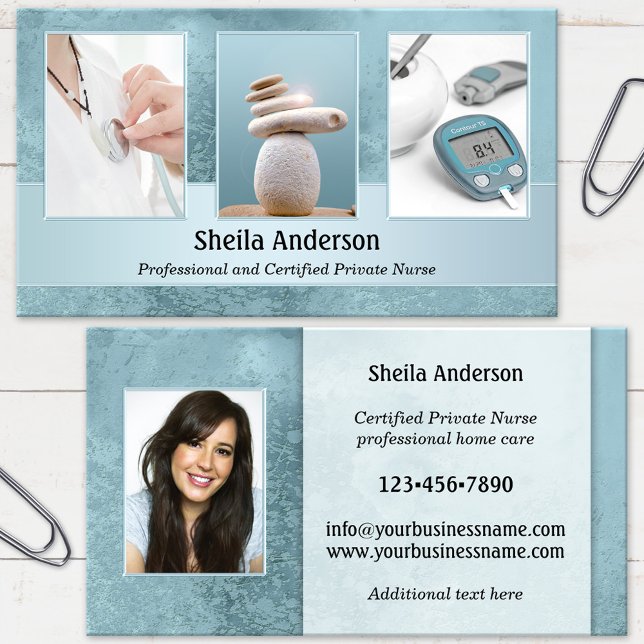 Tarjeta de visita de enfermera privada de salud co (Business card featuring your photos framed by an elegant blue design - medical professional - nurse)