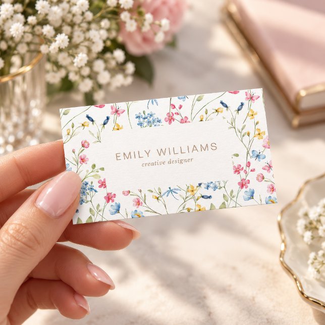 Tarjeta de visita de flores brillantes (Bright Wildflower Watercolor Business Card, colorful floral border, creative designer template)