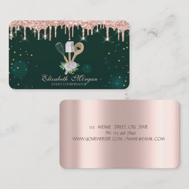 Tarjeta de visita de fresa con gotas de oro rosa v (Anverso / Reverso)