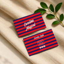 Tarjeta de visita de guión rayada azul roja de mod
